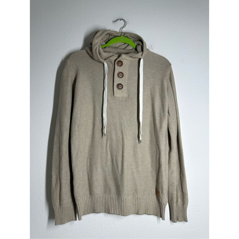 No Name Men’s Hooded 3 Buttons Drawstring Cotton Sweater Tan Size M